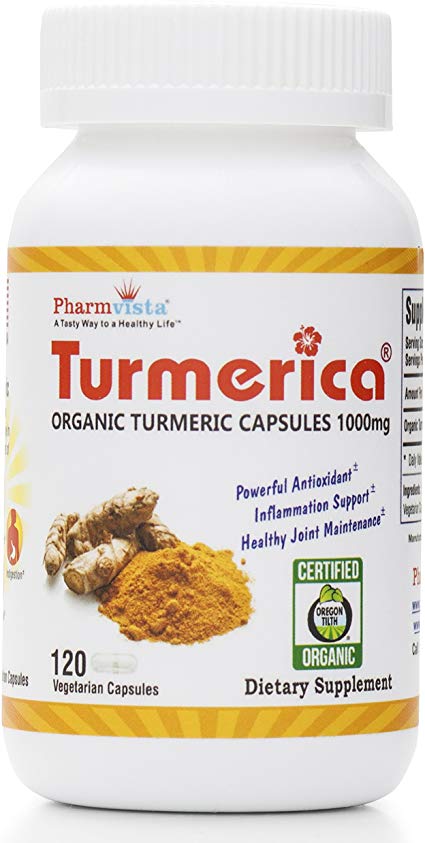 Certified Organic Turmeric Curcumin 1000mg Capsules, Made in The USA, 120 Clear Vegetarian Capsules