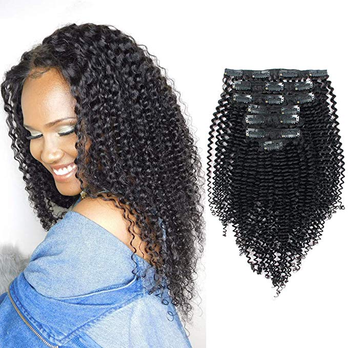 Sassina Brazilian Remy Hair Double Wefts Thick Kinky Curly Clip-ins Human Extension 7Pcs per set 120Grams 3B 3C Kinkys Curly Clip on Extensions For Black Women, KC 10 Inch