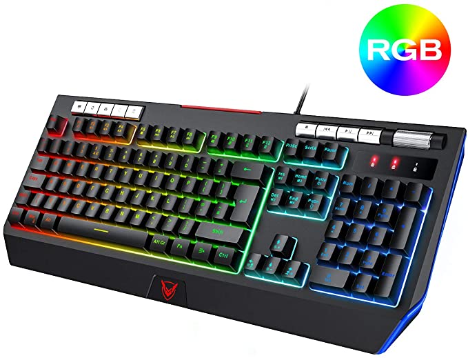 Gaming Keyboard UK Layout, PICTEK RGB Gaming Keyboard Wired with 9 Independent Multimedia Controls & Volume Wheel, Unique Phone Holder for PC Computer Laptop, Comfortable for Gamer