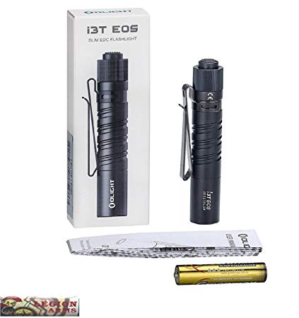 Olight i3T EOS 180 lumen LED EDC Flashlight, Tail Switch with momentary on, Dual-Output and the default low beam, with AAA Battery and LegionArms Sticker