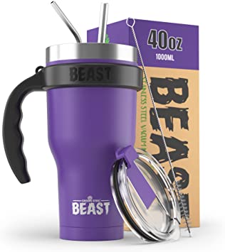 BEAST 40 oz Purple Tumbler Set with Handle - Stainless Steel Coffee Cup   2 Straws Brush, Gift Box & Black Handle