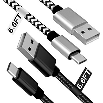 USB Type C Cable 6.6ft, 2 Pack Nylon Braided Charging Cord for Samsung Galaxy Note 8 S8,LG G5 G6,Google Pixel and other devices with USB C Port(Black and Black&White)
