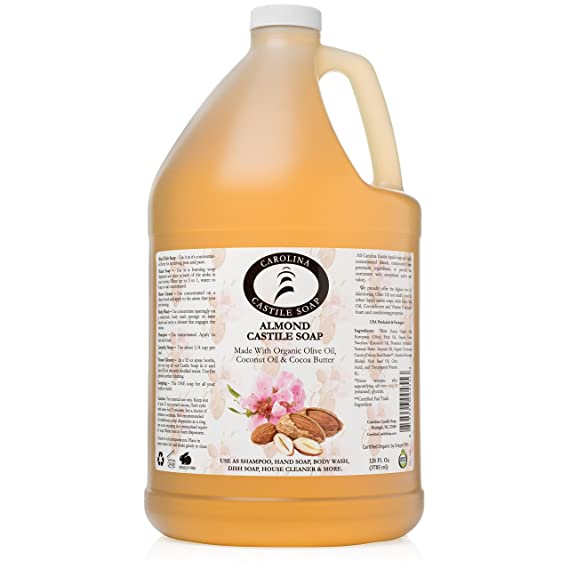 Castile Soap Liquid Almond w/Organic Cocoa Butter- 1 Gallon - Vegan & Pure Organic Soap - Carolina Castile Soap - Concentrated Non Drying All Natural Formula Good for Sensitive Skin