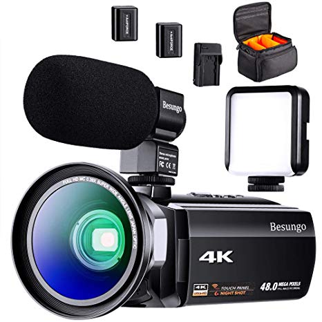 BESUNGO 4K Camcorder, Video Camera, Live Streaming Vlogging YouTube Recorder Camera 60FPS 48MP Ultra HD WiFi IR Night Vision 3.0" IPS Touch Screen with Microphone, Wide Angle Lens, LED Video Light