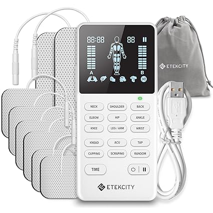 Etekcity Portable TENS Unit with 8 Output Pulse Pads, 4CH 15 Modes for Muscle and Back Pain Relief Therapy, Portable Handheld. FDA Compliant