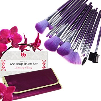 Beauty Bon Professional Makeup Brush Set with Case, Purple, 16-Pieces