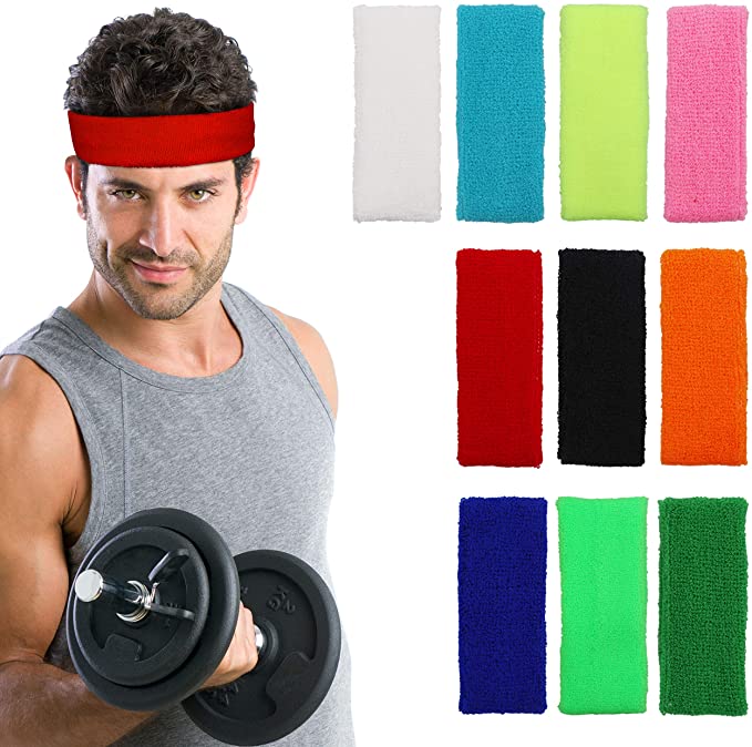 Kurtzy Sweatbands (10 Pack) - 5 Inch Stretchable Moisture Wicking Non Slip Headbands - Unisex Sports Sweat Band for Cycling, Yoga, Gymnastics, Running, Workout and Athletic