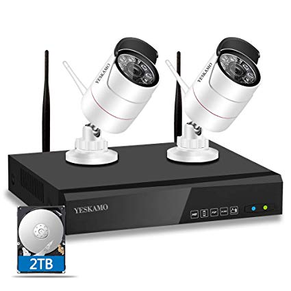 YESKAMO Wireless Home Security Camera System 1080P 4CH NVR Recorder with 2pcs 1080P Wifi IP Cameras Outdoor CCTV Systems with 2TB HDD H.265 for Recording 100ft Night Vision and Remote View on Phone App