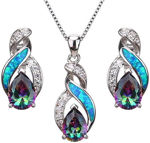 Hermosa Jewelry Sets Australian Opal Blue Sapphire Necklace Earrings