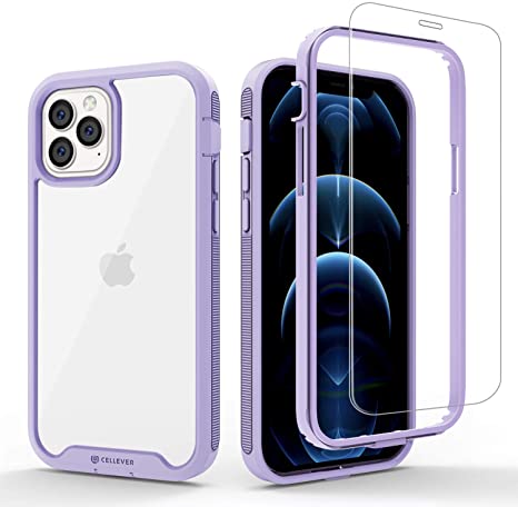 CellEver Compatible with iPhone 12 Case/iPhone 12 Pro Case, Clear Full Body Heavy Duty Protective Anti-Slip Transparent Slim Cover (2X Glass Screen Protector Included) (6.1 inch, 2020) - Light Purple