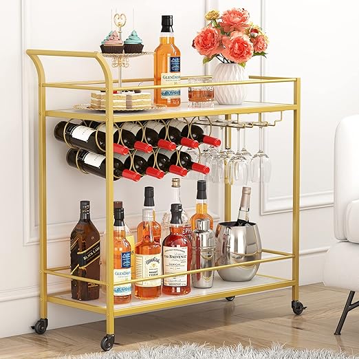 Lifewit Drinks Trolley on Wheels, Serving Trolley, 2 Tier Bar Cart with 9 Wine Bottle Racks, Cocktail Alcohol Trolley for Kitchen Dining Living Room Outdoor, 80 x 33.2 x 87.8 cm, Gold