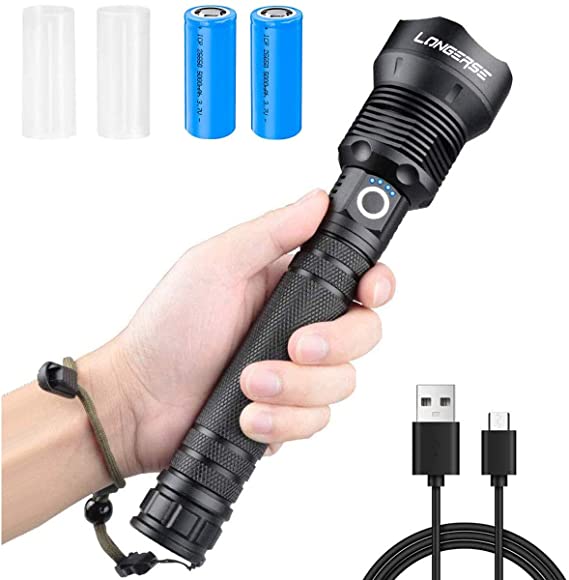 Tactical Flashlight Rechargeable,LED Flashlight High Lumen,3 Modes Lighting,Zoomable,Water Resistant,with Rechargeable 26650 Battery,Super Bright Torch for Outdoor,Hiking,Emergency,Everyday Use