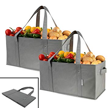 Clean Carry Reusable Grocery Shopping Bags – Extra Large Collapsible Boxes With Strong Bottoms   Bonus Insert For Reinforcement (Set of 2)