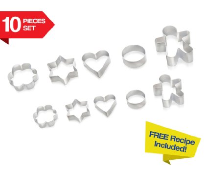 Cookie Cutters 10 PIECE SET by Immys - HIGH QUALITY Biscuit Cutter Set With FREE RECIPE - Create Perfect Shaped Cookies - Star Round Heart Gingerbread Man Flower - Mini Cookie Cutters For Kids