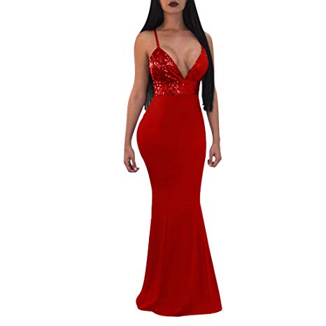 Womens Evening Dress Formal Prom Party Ball Gown Sexy V-Neck Sleeveless Backless Sequin Wrap Long Dress Fishtail Skirts