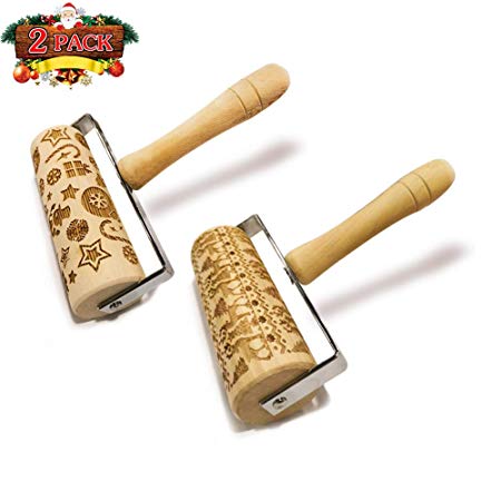 Hand-held Embossed Rolling Pins Christmas Wooden Hand Grip Engraved Rolling Pin for Baking Non-stick Embossed Professional Dough Roller for Cookies with Patterns for Kids and Adults (Elk pattern)