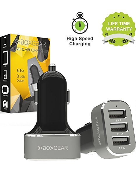 Boxgear 3 USB Port Car Charger 6.6 Amp Rapid Charger Tri-Port USB Fast Charger, Black/Silver