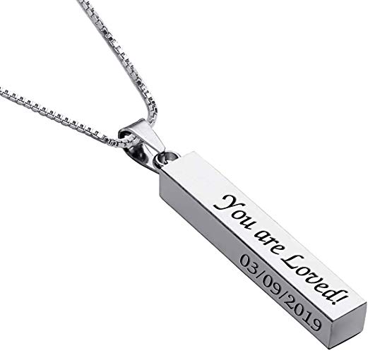 EVER2000 Personalized 3D Vertical Bar Necklace, Custom Necklace Engraved with Any Name Pendant Jewelry Gift