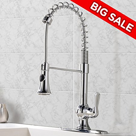 VCCUCINE Best Commercial Chrome Spring Single Handle Put Out Sprayer Kitchen Sink Faucet, Deck Plate Included Pull Down Single Lever Sink Faucet