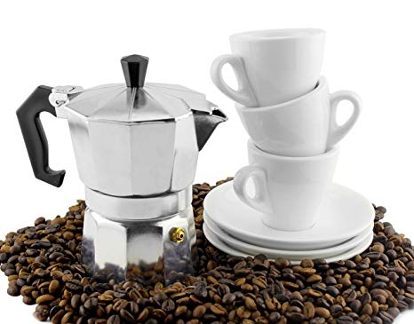 Moka Pot Set w/ Three Espresso Cups & Saucers (3-Serving Stovetop Espresso Maker)