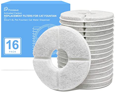 Possiave Pet Fountain Filters, 16 Pack Cat Fountain Filter Replacement, Pet Water Filters for 54oz/1.6L Cat and Dog Automatic Flower Water Dispenser