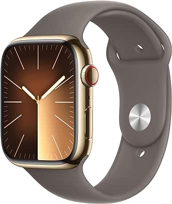 Apple Watch Series 9 [GPS   Cellular 45mm] Smartwatch with Gold Stainless steel Case with Clay Sport Band S/M. Fitness Tracker, ECG Apps, Always-On Retina Display