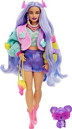 Barbie Extra Doll & Accessories with Wavy Lavender Hair in Colorful Butterfly Sweater & Pink Boots with Pet Koala