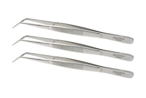 Universal Stainless Steel Precision Grade Curved Tip Tweezers / Forceps with Serrated Tip and Furrowed Handle, 3 Piece Pack