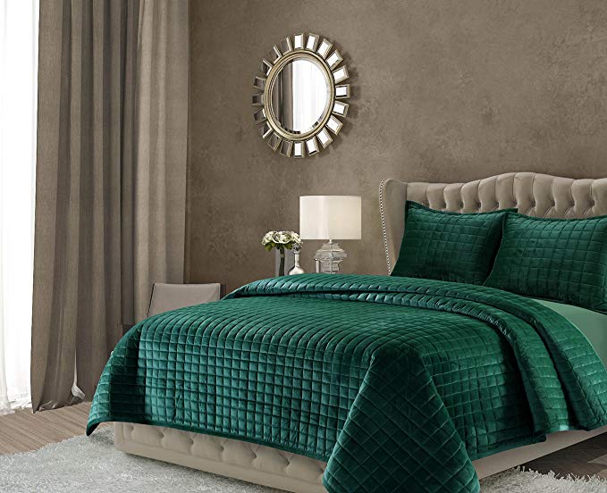 Tribeca Living FLORENCEQUITWEG Florence Velvet Oversized Solid Quilt Set Twin Emerald Green