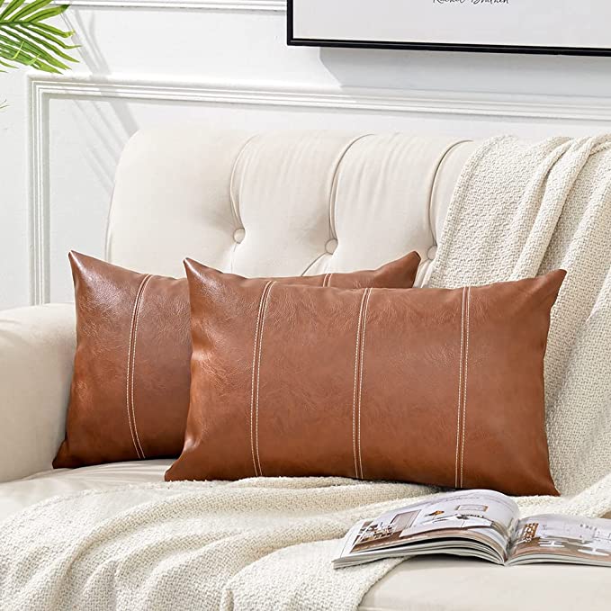 Fancy Homi 2 Packs Brown Boho Lumbar Faux Leather Decorative Throw Pillow Covers 12x20 Inch for Living Room Couch Bed Sofa, Hand Stitched Rectangle Cushion Case, Rustic Modern Farmhouse Home Decor