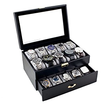 Caddy Bay Collection Black Classic Watch Case Display Box With Clear Glass Top Holds 20 Watches with Microfiber Cleaning Cloth