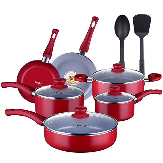 Lovepan Peas Pots and Pans Set, Gray Ceramic Coating Nonstick Aluminum Cookware Set With glass lids and Nylon Utensils, Dishwasher Safe PTFE, PFOA Free, 12-PCS, Red
