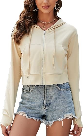 Women's Zip Up Hoodies Cropped Casual Pocketed Cardigan Jacket Drawstring Hooded Sweatshirts