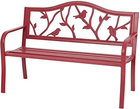 Sophia & William Outdoor Patio Metal Bench Red, Steel Frame Bench with Backrest and Armrests for Porch, Patio, Garden, Lawn, Balcony, Backyard and Indoor, 50.4”Wx23.5”D x35.0”H