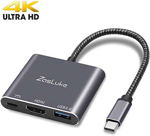ZasLuke USB C to HDMI Adapter, USB C Hub 3-in-1 USB 3.1 Type C to HDMI 4K, USB 3.0 Port, USB C Charging Port Converter Adapter for MacBook, Chromebook Pixel, Nintendo Switch, Samsung Galaxy S8/S9 Plus
