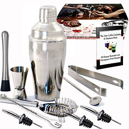Cocktail Maker Set 10 Pce Home Cocktail Making Kit with Manhattan Cocktail Shaker Bar Measures, Twisted Bar Spoon, Muddler, Mixer, Bottle Pourer, Ice Strainer & Ice Tongs