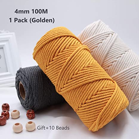 Macrame Cord 4mm 100m Cotton Rope 1 Pack Yellow, Natural Cotton Rope for Colorful Macrame Hand Knitting, 4 Strands Twist Cotton Rope Macrame 4mm for Handmade Colored Wall Hanging Weaving Tapestry