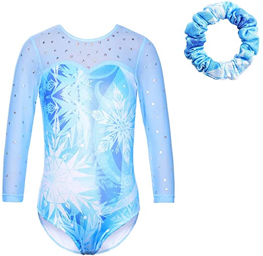 TFJH E Leotards for Gymnastics Girls Mesh 3/4 Sleeve Practice Apparel Outfits Scrunchie