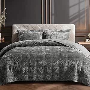 PHF Luxury Truly Velvet Quilt Set King Size, Ultra Soft Diamond Quilted Bedspread Coverlet Bedding Set for Fall Winter, Drop Nicely Home Decor Quilt 106" x 96"with 2 Pillow Shams 20" x 36", Grey