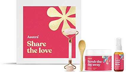 ASUTRA Share the Love Exfoliator & Oil Kit, 4 items | Includes Rose Quartz Face Roller   Sensual Rose Body Scrub   Rose Body Essential Oils Spray    Wooden Spoon | Hydrating, Gentle, Moisturizing