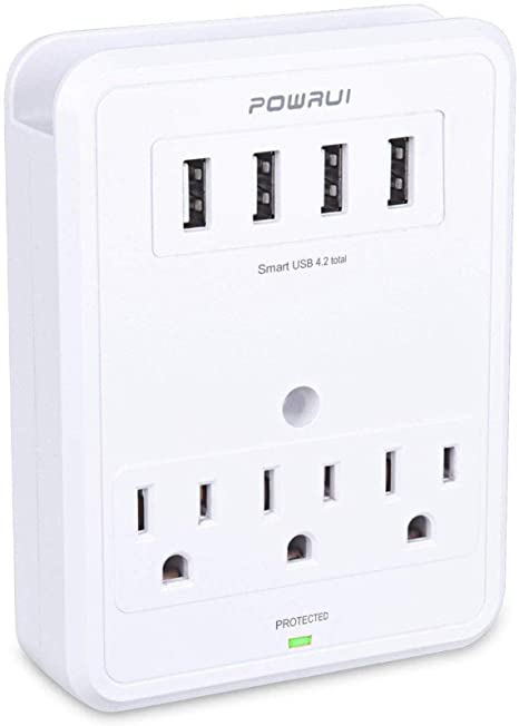 POWRUI Multi Wall Outlet Adapter Surge Protector 1680 Joules with 4-USB Ports Wall Charger, Wall Mount Charging Center 3 Outlet Wall Mount Adapter for Home, School, Office, ETL Certified