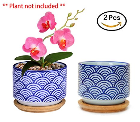 Flowerpot Wooden Pot Tray Japanese Style Wave Pattern Ceramic Garden Pots Succulent Planter Blue White Flower Po (2-PCS, Wave Blue)