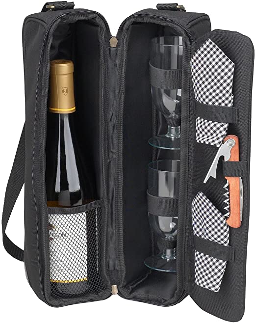 Picnic at Ascot Insulated Wine Tote with 2 Wine Glasses, Napkins and Corkscrew -Designed & Assembled in the USA