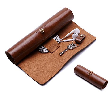 BoomYou Leather Wallet Roll Up Case Pen Case Storage Roll Bag Pencil Sleeve Keys Holder for Surface/iPad Touch Pen Data Cable Makeup - Leather Creative Personality Retro Style - Brown