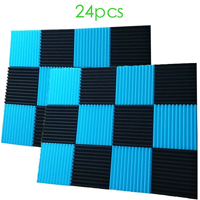 24 Pack- Black/Blue Acoustic Panels Studio Foam Wedges 1" X 12" X 12" (24PCS, Black&Blue)