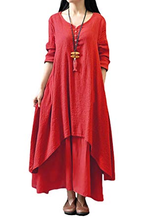 Romacci Women Boho Dress Casual Irregular Maxi Dresses Layer Vintage Loose Long Sleeve Linen Dress with Pockets,S-5XL