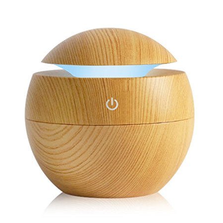 Kbaybo Mini Wooden Air Humidifier Aroma Diffuser with 7 Soothing LED Lights & USB Portable -  Yellow, 130 ml