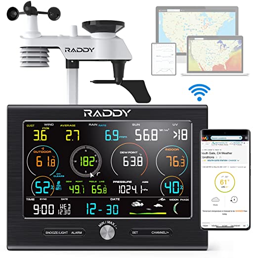 Raddy L7 LoRa Weather Station 1.9 Miles Long Range - Wireless Wi-Fi Indoor/Outdoor Weather Station with Rain Gauge, Thermometer, Humidity Sensor for Garden, Greenhouse, Farm, 7.2" Large Display