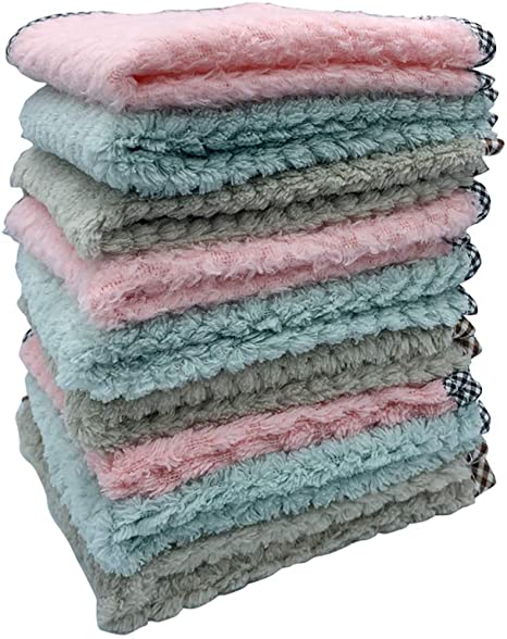 Kitchen Dish Towels Set of 9 (10 10''), Dishcloths Fast Drying Nonstick Oil Multicolor Drying Washcloths for Cooking Baking - Grey Pink Blue