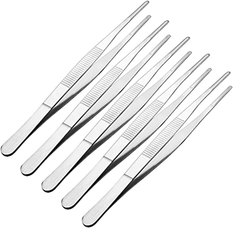 uxcell 5 Pcs 7-Inch Stainless Steel Straight Blunt Tweezers Serrated Tip Daily Garden Tool